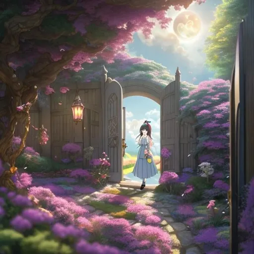 Prompt: Hayao Miyazaki Anime Surreal Mysterious Weird Fantastic Fantasy Sci-Fi Fantasy Girl Alice Home Study Room The door opens and the Cheshire Cat peeks in
