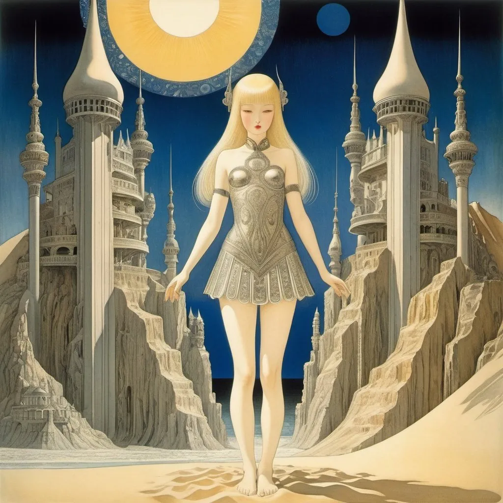 Prompt: Ernst Fuchs, Kay Nielsen, Surreal, mysterious, strange, bizarre, fantasy, Sci-fi, Japanese anime, midnight sun, sand castle, miniskirt beautiful high school girl, perfect voluminous body, detailed masterpiece 