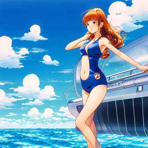 Prompt: Kenji Tsuruta style, Japanese manga, girl, swimsuit, on submarine, blue sky, 