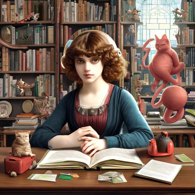 Prompt: Dante Gabriel Rossetti Anime Sci-fi Fantasy A girl sitting at a desk and reading a book Study room Floating books, cat, teapot, globe, stuffed bear, spaceship Three-dimensional composition