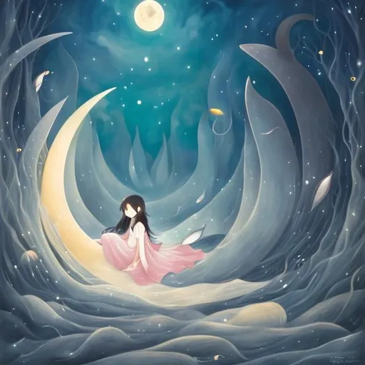 Prompt: Leonora Carrington style, Japanese anime moon sleeping in basement, a girl wondering looking for her fate, whale beach, orb, detailed, high quality, high resolution, high definition, masterpiece 