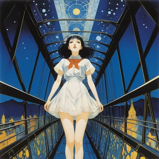 Prompt: Harry Clarke, Ernst Kreidolf, Fabrizio Clerici, Yuu Watase, hilma klint, Surrealism, wonder, bizarre, bizarre, fantasy, Sci-fi, Japanese anime, blinding the beauty of science, night flight of fear and joy, iron decoration, beautiful miniskirt high school girl looking up at the glass bridge from below, perfect voluminous body, detailed masterpiece low high angles extreme perspectives