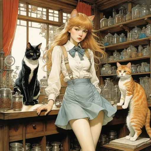 Prompt: Arthur Rackham, James Jean, Yoshifumi Kondō, Frank Quitely, Florence Harrison, Surrealism, wonder, strange, fantastical, fantasy, Sci-fi, Japanese anime, the laboratory is another artificial paradise created by the 19th century, cats, coffee, and a miniskirt beautiful high school girl who calculates, fun, perfect voluminous body, detailed masterpiece 