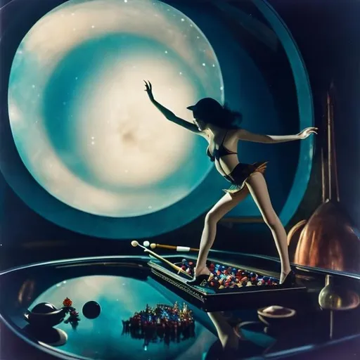 Prompt: P. J. Lynch, Wolfgang Paalen, Surreal, mysterious, strange, fantastical, fantasy, Sci-fi, Japanese anime, miniskirt beautiful girl enjoying three-dimensional billiards in zero-gravity space, perfect body, stars in the night sky inside the glass dome, detailed masterpiece perspectives angles 