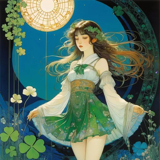 Prompt: Harry Clarke, Alphonse Mucha, Josephine Wall, Pierre Roy, Tachibana Higuchi, Surrealism, wonder, strange, bizarre, fantasy, Sci-fi, Japanese anime, beautiful high school girl in a miniskirt weaving sunlight, perfect voluminous body, Shamrock Tea, submarines and insomnia, detailed masterpiece 