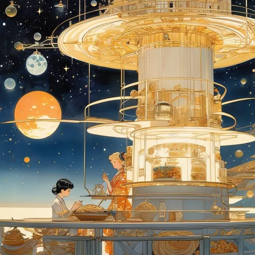 Prompt: J.C. Leyendecker, Katsuhiro Otomo, Surreal, mysterious, strange, fantastical, fantasy, sci-fi, Japanese anime, observation lighthouse at the end of the galaxy, beautiful girl making udon for a midnight snack, starry sky as far as the eye can see, detailed masterpiece 