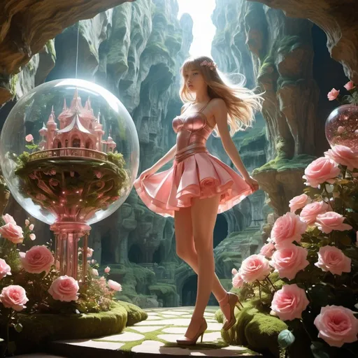 Prompt: Karl Walser, Anais Coulon, Jared Muralt, Surreal, mysterious, strange, fantastical, fantasy, Sci-fi, Japanese anime, architectural elements and plants, Grotta, beautiful rose princess in a miniskirt, perfect voluminous body, oracles and festivals in glass spheres, detailed masterpiece 