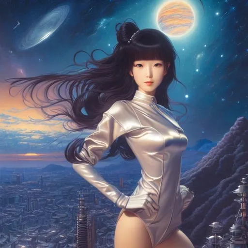 Prompt: Hajime Sorayama, Ludwig Heinrich Jungnickel, Surreal, mysterious, strange, fantastical, fantasy, Sci-fi, Japanese anime, night sky with a view of the Milky Way, space battleship, beautiful girl in a miniskirt kimono, shoulders exposed, perfect voluminous body, hyper detailed masterpiece high resolution definition quality, depth of field cinematic lighting 