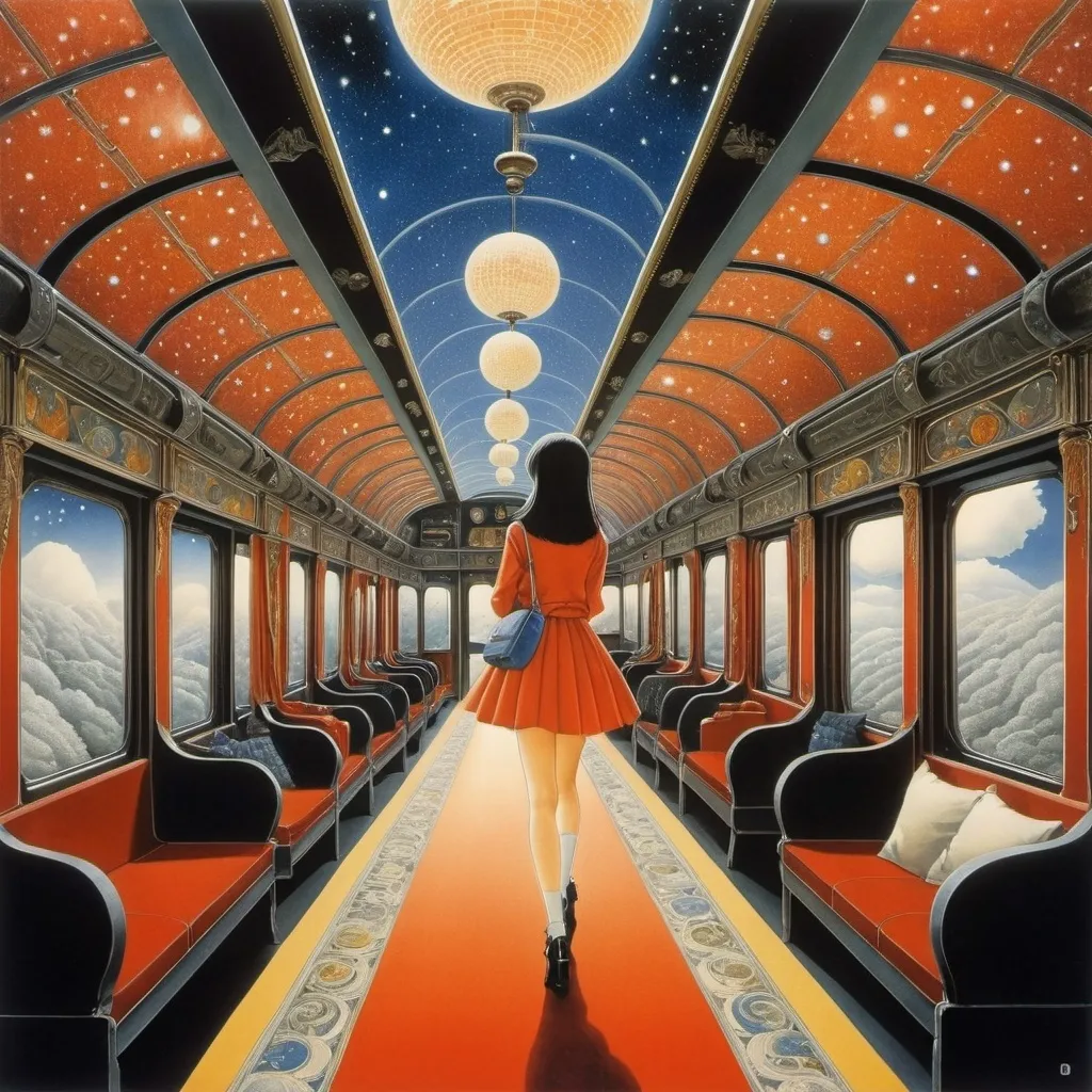 Prompt: Barbara C. Freeman, Katsuhiro Otomo, Satomi Ichikawa, Remedios Varo, Yuu Watase, Surrealism, wonder, strange, fantastical, fantasy, Sci-fi, Japanese anime, Planet Opera Theater, Stardust Plaster, a small train that runs only in the evening, Echo Hunting, Beautiful high school girl in a miniskirt, perfect voluminous body, detailed masterpiece 