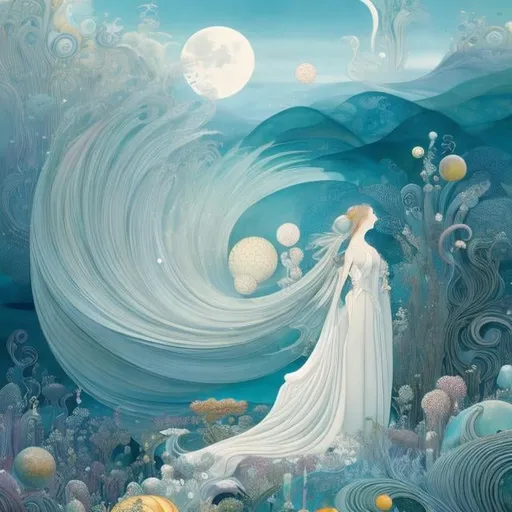 Prompt: Kay Nielsen, Kate Greenaway, François-Louis Schmied, Japanese Anime, Surreal Mysterious Weird Fantastic Fantasy Sci-Fi, The Moon Floating in the Washing Machine,  The Moon Needs Washing Too, Beautiful voluminous perfect body girl, hyper detailed, high resolution high definition high quality masterpiece 