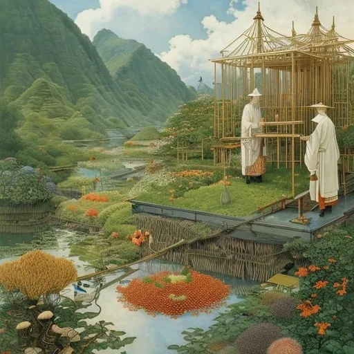 Prompt: Heath Robinson, Rudolf Koivu, Surreal, mysterious, strange, fantastical, fantasy, Sci-fi, Japanese anime, opening up a fertile field of knowledge, medicine, herbalism, agriculture, science, information transmission and cultural exchange in East Asia, detailed masterpiece 