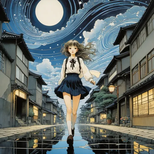 Prompt: Arthur Rackham, George Barbier, Yuko Higuchi, Patrick Woodroffe, Takeshi Koike, Surrealism, Mysterious, Weird, Outlandish, Fantasy, Sci-Fi Fantasy, Anime. Gravitational wave rain falls like bright stars on the sky and city of Tokyo. A beautiful high school girl in a miniskirt runs between darkness and light, perfect voluminous body, She climbs Tokyo Tower, detailed masterpiece angles perspectives