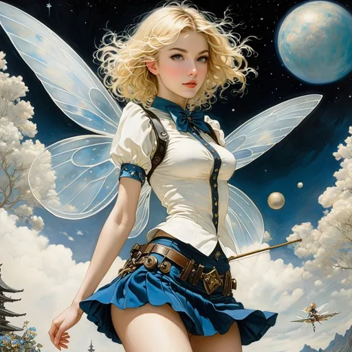 Prompt: Arthur Rackham, Michael Hague, Surreal, mysterious, strange, fantastical, fantasy, Sci-fi, Japanese anime, orchestral space, musical key, flying blonde miniskirt beautiful girl Alice, perfect body, detailed masterpiece 
