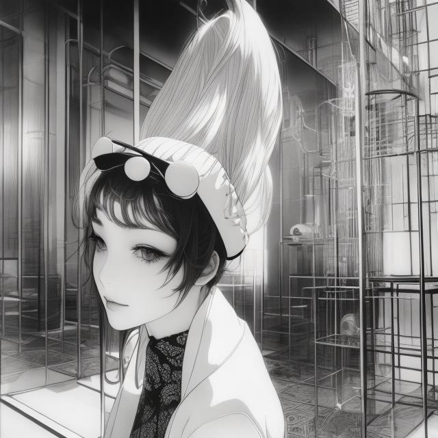 Prompt: Sigmar Polke, Charles Robinson, Surreal, mysterious, strange, fantastical, fantasy, Sci-fi, Japanese anime, love, three-dimensional geometry, and the blueprint of life, miniskirt beautiful girl, perfect voluminous body, cafe-hopping day, detailed masterpiece 