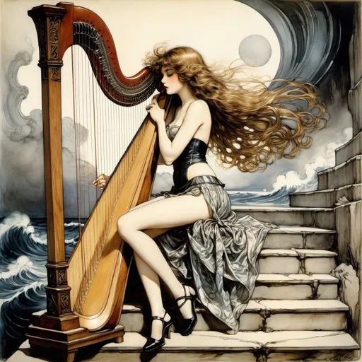 Prompt: Arthur Rackham, Bill Ward, Surreal, mysterious, strange, fantastical, fantasy, sci-fi, Japanese anime, sea of ​​flaming mercury, beautiful girl in miniskirt playing the harp, perfect voluminous body, stairs to the void, detailed masterpiece 