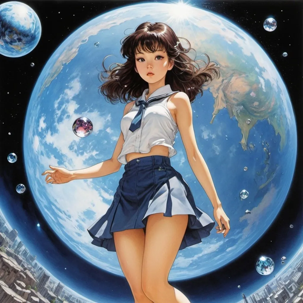 Prompt: Líviusz Gyulai, Endre Szász, Katsuhiro Otomo, yoshitaka amano, Kate Seredy, Kiichi Okamoto, Surrealism, strange, bizarre, fantastical, fantasy, Sci-fi, Japanese anime, starry crystal planet model, falling liquid diamonds, traveling miniskirt beautiful high school girl, perfect voluminous body, Meiji era Tokyo, detailed masterpiece low high angles zoom in 