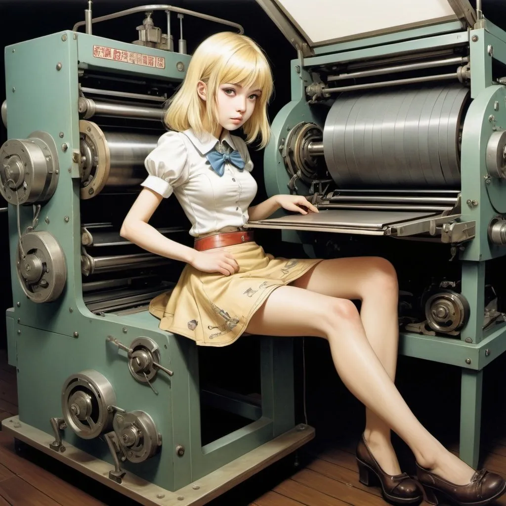 Prompt: Mili Weber, Naoyuki Kato, Surreal, mysterious, strange, fantastical, fantasy, Sci-fi, Japanese anime, beautiful blonde miniskirt girl Alice coming out of a letterpress printing machine, perfect voluminous body, gearbox, fishing boat, detailed masterpiece 