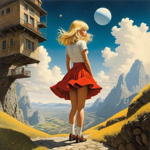 Prompt: Oscar Jimenez Full colours, Milan Trenc, Jacques Onfroy de Bréville, Pierre Joubert, Hasui Kawase, Surrealism, mysterious, bizarre, fantastical, fantasy, Sci-fi, Japanese anime, beautiful blonde mini-skirt girl Alice searching for the key to music, perfect voluminous body, rules of sheet music, art and craft, utopia as a play in space, detailed masterpiece angles perspectives 