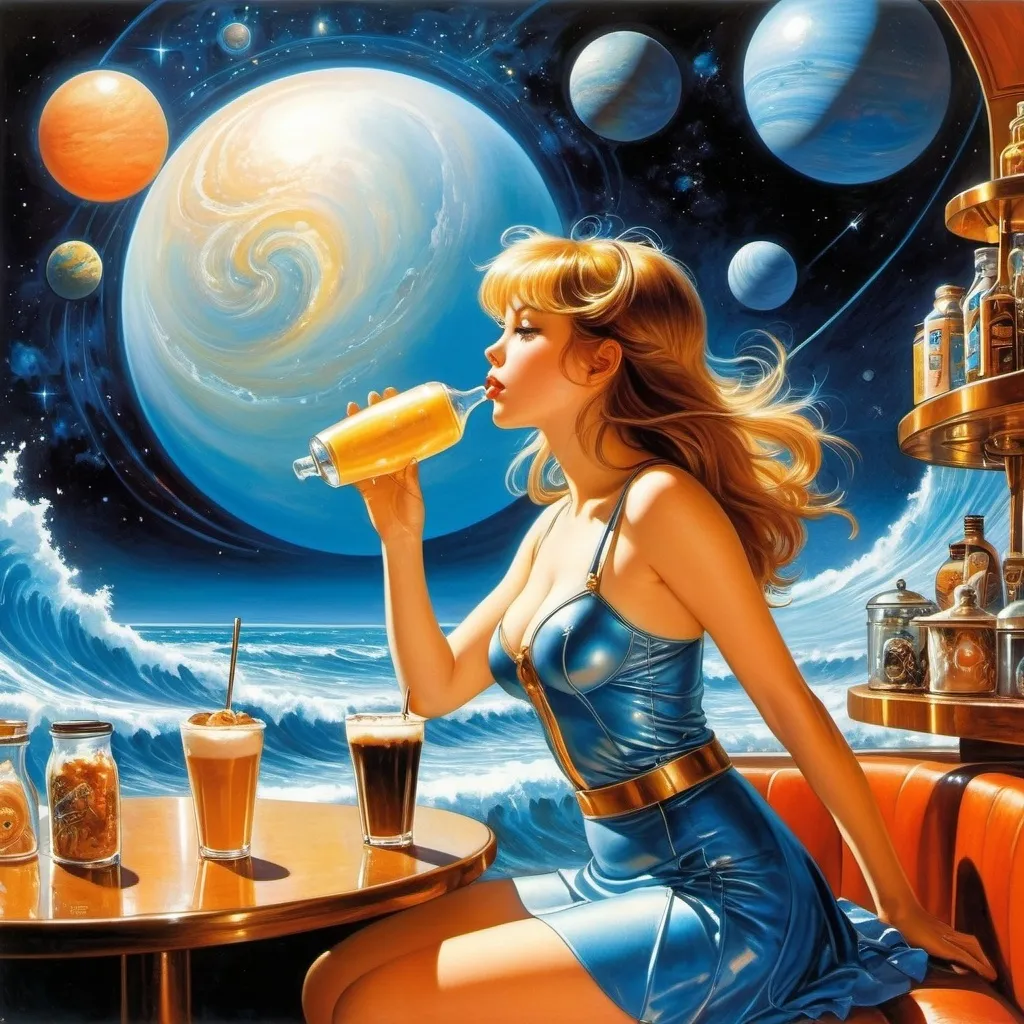 Prompt: Nico Jungmann, Donovan Bixley, Harold Gaze, Jeff Easley, Mabel Attwell, Surrealism, wonder, strange, bizarre, fantasy, Sci-fi, Japanese anime, cafe visited by planets, miniskirt beautiful girl goddess, perfect voluminous body, between night and day, bottled universe, waves of stars, detailed masterpiece 