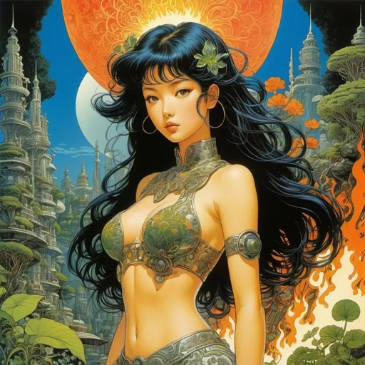 Prompt: Eric Bourgier, Philippe Druillet, Katsuya Terada, Surrealism, strange, bizarre, fantastical, fantasy, Sci-fi, Japanese anime, the private lives of plants, a beautiful girl in a miniskirt blooming with flames, perfect voluminous body, a distant mechanical civilization, detailed masterpiece 