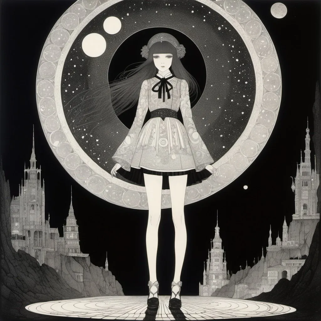 Prompt: Harry Clarke, Sidney Sime, Virgil Finley, John Bauer, Surrealism Mysterious Weird Fantastic Fantasy Sci-Fi, Japanese Anime, Mini Skirt Beautiful High School Girl, perfect voluminous body, Spiral Space, Time, Darkness, detailed masterpiece 