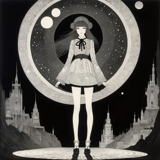 Prompt: Harry Clarke, Sidney Sime, Virgil Finley, John Bauer, Surrealism Mysterious Weird Fantastic Fantasy Sci-Fi, Japanese Anime, Mini Skirt Beautiful High School Girl, perfect voluminous body, Spiral Space, Time, Darkness, detailed masterpiece 