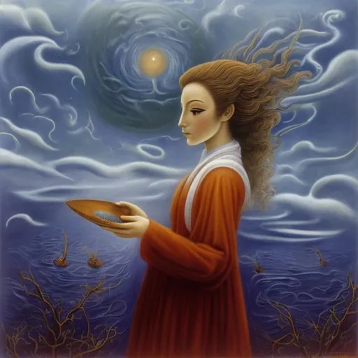 Prompt: Remedios Varo, Molly Brett, Surreal Japanese Anime Mysterious Weird Fantastic Fantasy Sci-Fi Fantastic, beautiful solo young lady, perfect voluminous body, You are the ruler of the flesh and blood mask, the universe, the beating of your wings, you who bear the name of a human being Burning heat and strife Turning backwards across the ocean, we walk southward Go ahead