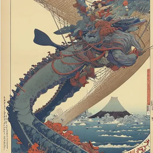 Prompt: Jean Giraud, Katsushika Hokusai　Eugène Grasset animates　wondrous　strange　Whimsical　surreal　fanciful　sci-fi fantasy circus trapeze flying whale cicada　Alice at the Tea Party Hyperdetailed high definition high resolution high quality masterpiece