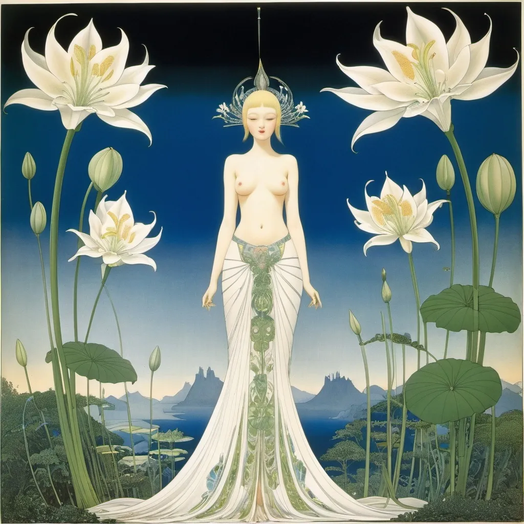 Prompt: Kay Nielsen, Junaida, Józef Wilkoń, Franciszka Themerson, Georg Dionysius Ehret, Surrealism, mysterious, bizarre, fantastical, fantasy, Sci-fi, Japanese anime, the memory power of the giant lily, human beings as a plant resource, the leaf structure and architectural applications, blueprints, and cross-sections of the giant lily, beautiful high school girl in a miniskirt, perfect voluminous body, detailed masterpiece 