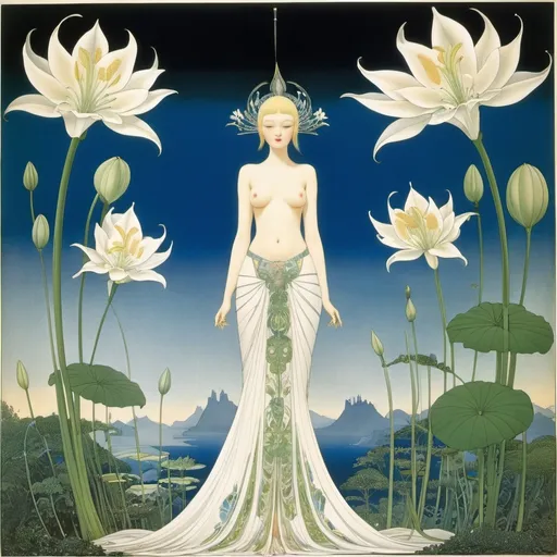 Prompt: Kay Nielsen, Junaida, Józef Wilkoń, Franciszka Themerson, Georg Dionysius Ehret, Surrealism, mysterious, bizarre, fantastical, fantasy, Sci-fi, Japanese anime, the memory power of the giant lily, human beings as a plant resource, the leaf structure and architectural applications, blueprints, and cross-sections of the giant lily, beautiful high school girl in a miniskirt, perfect voluminous body, detailed masterpiece 