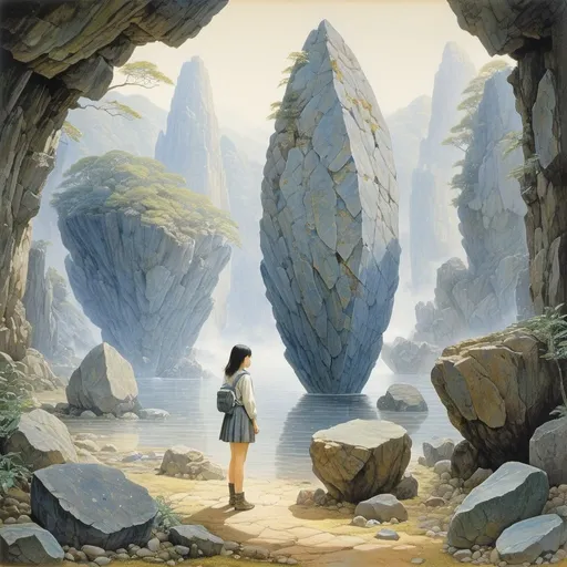 Prompt: Shigeru Tamura, Alan Lee, Surrealism Mysterious Weird Fantastic Fantasy Sci-Fi, Japanese Anime Various "stones" belonging to different fields and time layers of nature, science, and art Mineralogical specimens collected for the purpose of systematic investigation of the mineral world, created by humans Prehistoric stone specimens produced as the oldest evidence of natural material processing, and contemporary art exploring the ``imaginary world'' of stone.A beautiful high school girl in a miniskirt, perfect voluminous body, detailed masterpiece 