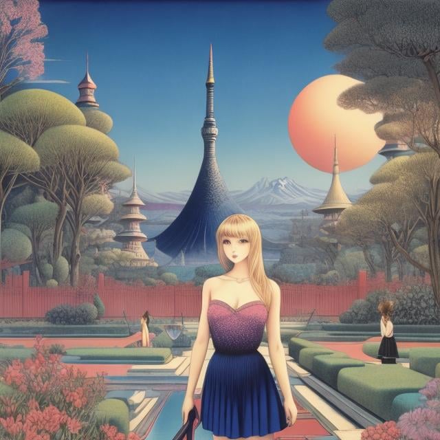 Prompt: Margaret Tarrant, Paul Delvaux, Multicolored woodblock print Surreal Mysterious Strange Fantastic Fantasy Sci-fi, Japanese Anime, Triangle, Square, Cone, Sphere, Torus Floating Wilderness Miniskirt Beautiful Girl, perfect volume body, detailed masterpiece 