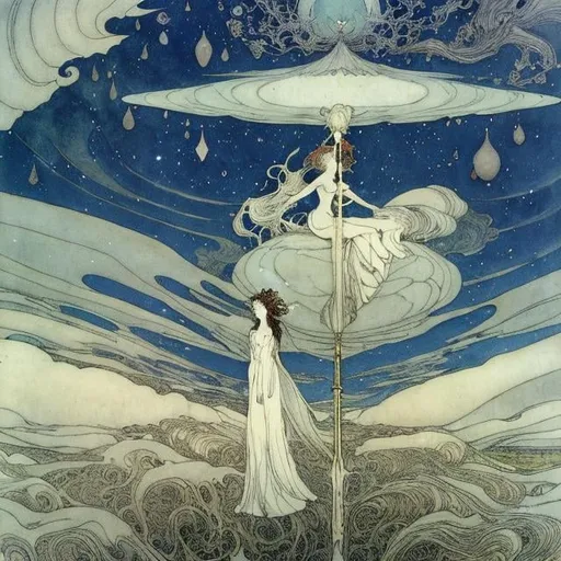 Prompt: John Bauer Kay Nielsen Frank Pape Richard Doyle Japanese Anime　Sci-Fi Fantasy　Solo girl Wind and Sea on Earth　Sailor Girl　Ocean currents are the carriers of heat that create weather　Extreme weather and disasters　cumulonimbus clouds　land、Mare、sky、Observing the atmosphere from space　weather map　weather symbol hyperdetailed high resolution high definition high quality masterpiece