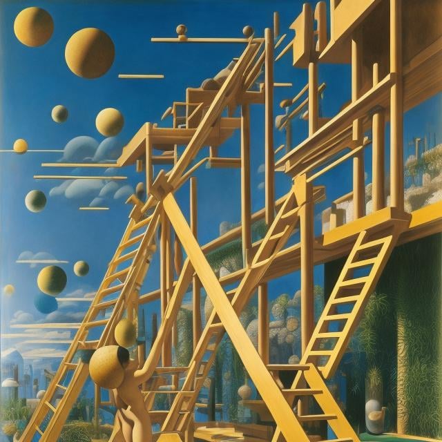 Prompt: Max Ernst, Koloman Moser, Surreal, mysterious, strange, fantastical, fantasy, Sci-fi, Japanese anime, a beautiful girl building with wooden blocks, perfect voluminous body, ladder, planet on earth, detailed masterpiece 