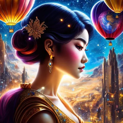 Prompt: Ayuko Hatta, Josephine Wall, Surreal, mysterious, strange, fantastical, fantasy, Sci-fi, anime, world of glasswork, city, balloon, large clock, miniskirt beautiful girl, perfect voluminous body, celestial observatory, detailed masterpiece cinematic lighting 