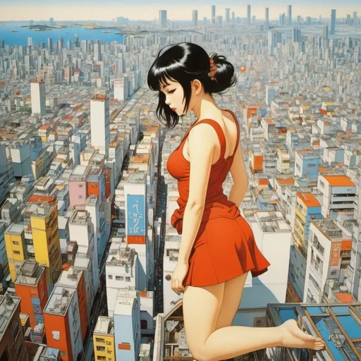 Prompt: Katsuhiro Otomo, Eugene Savage, Louis-François Cassas, Květa Pacovská, Richard Dadd, Surrealism, wonder, strange, fantastical, fantasy, Sci-fi, Japanese anime, miniskirt beautiful girl assembling a Tokyo city model, perfect voluminous body, detailed masterpiece 