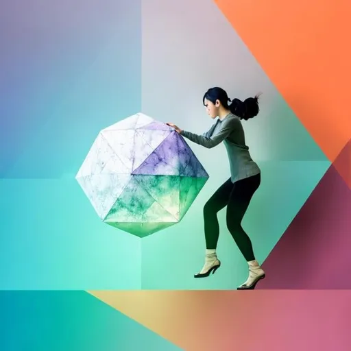 Prompt: Santiago Martínez Delgado, Hieronymus Bosch, Surreal, mysterious, strange, fantastical, fantasy, Sci-fi, Japanese anime, beautiful girl dancing on a watercolor palette, paper clock, multicolored geometric polyhedral horizon, detailed masterpiece 