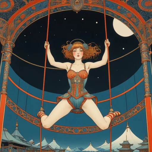 Prompt: Ivan Bilibin, Rotraut Susanne Berner, Surreal, mysterious, strange, fantastical, fantasy, Sci-fi, Japanese anime, circus in a box, beautiful girl on a trapeze, perfect voluminous body, connecting spaces, detailed masterpiece 