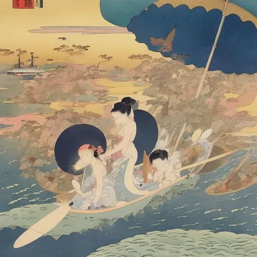 Prompt: Maurice Sendak, Watercolor Ukiyo-e Style, Jean Giraud, Mabel Attwell, Japanese Anime, Surreal Mysterious Weird Fantastic Fantasy Sci-Fi, Beautiful Girl, Perfect Body, The Moon is a Sponge Cake,  Two-Seater Airplane, Hymn to the Planets, detailed masterpiece 