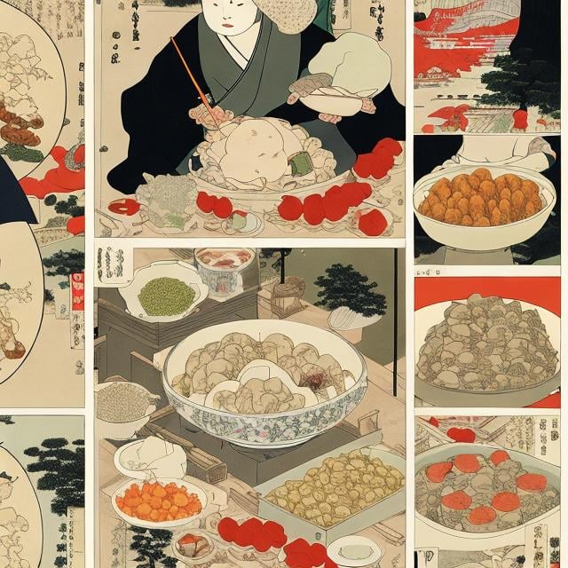 Prompt: Ukiyo-E, Jean Giraud, Heath Robinson, Dumplings are an ancient modern food, the surprising relationship between the Great Buddha and fava beans, Oden, a tofu dish that has undergone a major transformation, and Ganmodoki, an Islamic confectionery, hyperdetailed high quality high definition high resolution masterpiece 