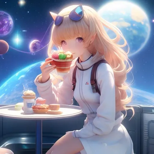 Prompt: Mabel Attwell, Kate Greenaway, Anne Anderson, Jamese Jean, Surreal, mysterious, bizarre, fantastical, fantasy, Sci-fi, Japanese anime, beautiful miniskirt girl space pirate, perfect body, short blonde, boyish, taking a break at a spaceport cafe, wearing a mechanical space suit that fits her body, happily eating a parfait, on the table in the background Darth Vader and Yoda, detailed masterpiece, high resolution definition quality 