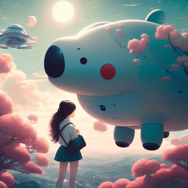 Prompt: James Jean, Kate Greenaway, Surreal, mysterious, strange, fantastical, fantasy, sci-fi, Japanese anime, giant stuffed bear, going on a space trip, with a beautiful high school girl in a miniskirt, hyper detailed masterpiece, high resolution definition quality, depth of field cinematic lighting 