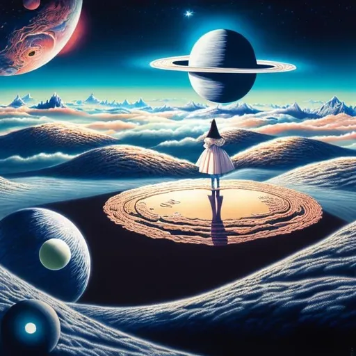 Prompt: Kiichi Okamoto, Rob Gonsalves, Surreal, mysterious, bizarre, fantastical, fantasy, Sci-fi, Japanese anime, the universe on paper, visualization and three-dimensionalization, cross-sectional view, planets, beautiful girl in a miniskirt riding a comet, perfect voluminous body, how far you have to go for tea time, detailed mas