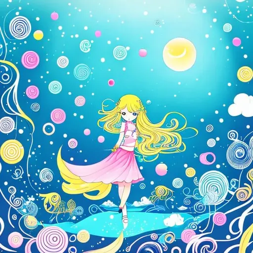 Prompt: Spiral moon, jelly fishes floating, blonde girl taking a walk, Japanese anime, manga lines, hand drawn illustration style, colour 