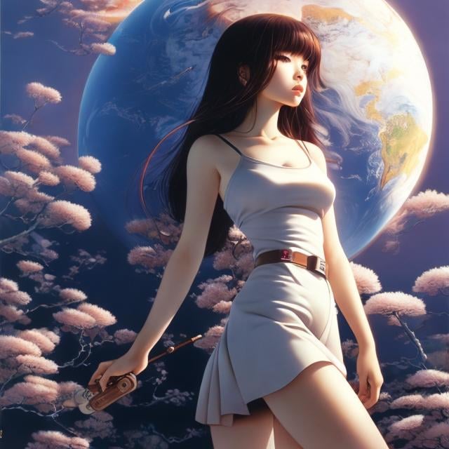 Prompt: Heikala, Katsuhiro Otomo, Surreal, mysterious, strange, fantastical, fantasy, Sci-fi, Japanese anime, broken earth, humankind's last miniskirt beautiful girl, perfect voluminous body, detailed masterpiece 