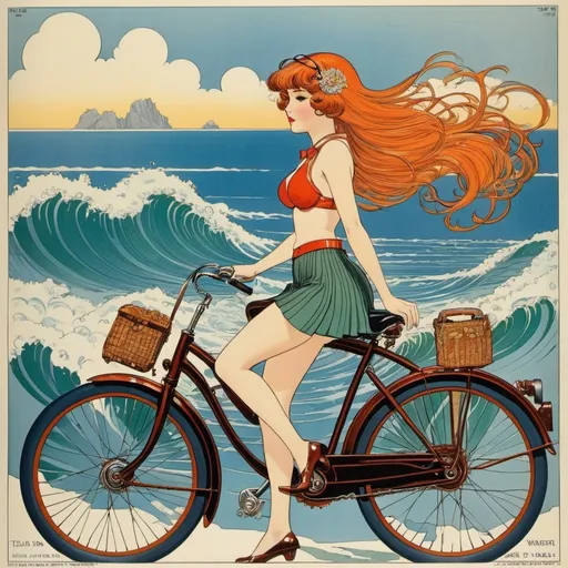 Prompt: Eric Fraser Full colours, Hilda Cowham, Eric Winter, Maxwell Armfield, George Barbier, Surrealism Mysterious Bizarre Fantastic Fantasy Sci-Fi, Japanese Anime, Miniskirt Beautiful High School Girl Crossing the Sea Chart on a Bicycle, perfect voluminous body, detailed masterpiece fine line drawings
