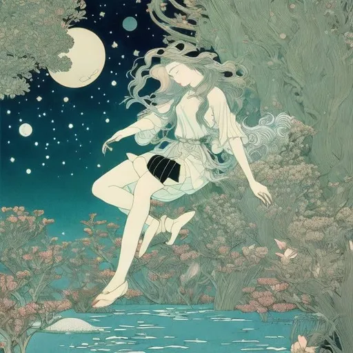 Prompt: MauricecSendak, George Barbier, Japanese anime,,woodblock print style, surreal, mysterious, bizarre, fantastical, fantasy, sci-fi, broken moon, girl, sinking in the pool, detailed, high resolution definition quality masterpiece, cinematic lighting, depth of field, focus, vibrant colour 