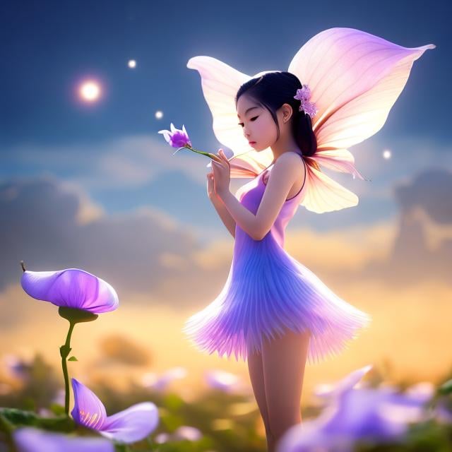 Prompt: Sulamith Wülfing, Takeo Takei, Surreal, mysterious, strange, fantastic, fantasy, Sci-fi, Japanese anime, a small miniskirt fairy beauty girl sitting on a morning glory flower, perfect voluminous body, sunrise, pale blue sky, clouds, tranquility, mysterious, detailed masterpiece 