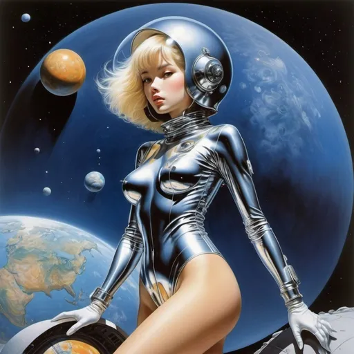 Prompt: Hajime Sorayama, Naoyuki Kato, Manfred Sommer, Peter Phillips, Joyce Lankester Brisley full colours, Surrealism, wonder, strange, bizarre, fantasy, Sci-fi, Japanese anime, Age of Discovery in the solar system, Cosmographia and Geographia, spaceship, underground map, beautiful girl in a space suit, perfect voluminous body, detailed masterpiece 