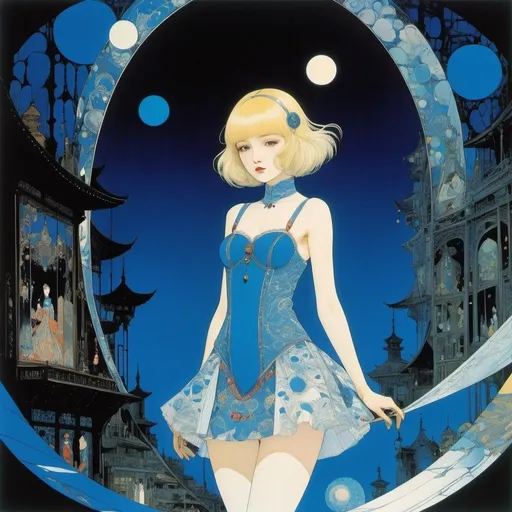 Prompt: Harry Clarke, Chiho Aoshima, Fabio Lyra, Heath Robinson, Shigeru Tamura, Surrealism, wonder, strange, fantastical, fantasy, Sci-fi, Japanese anime, blue shadow in the darkness, blueprint of mirror and afterimage, transmittance, blonde miniskirt beautiful girl Alice, perfect voluminous body, detailed masterpiece 